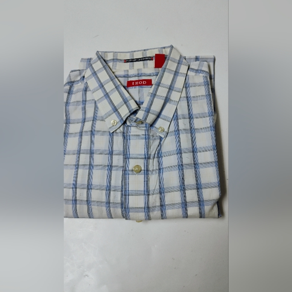 Izod Blue and White Casual Button Down Shirt with Plaid Pattern